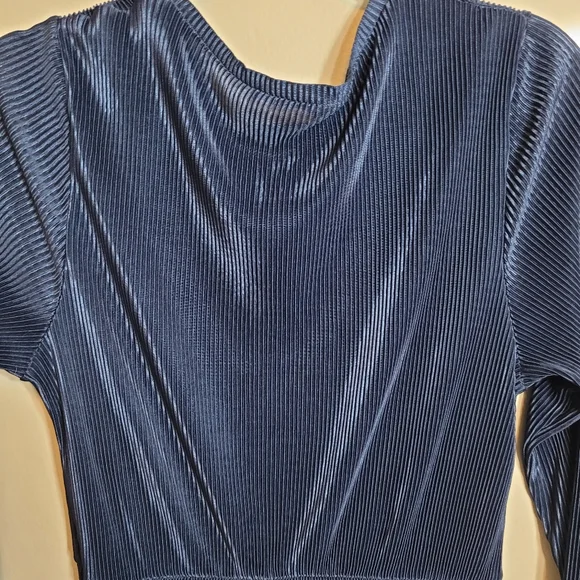 Zara Navy Blue Long Sleeve Gathered Waist Pleated Scoop Neck Midi Dress Size L - Picture 6 of 7